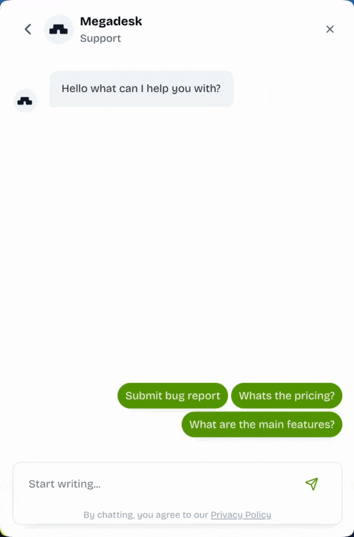Megadesk chat widget answering a SaaS customer inside the product