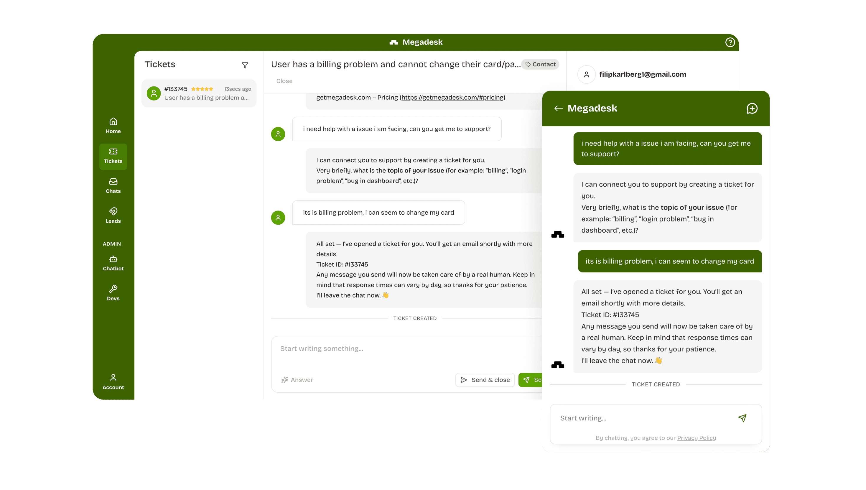 Megadesk dashboard showing SaaS customer conversations with account context