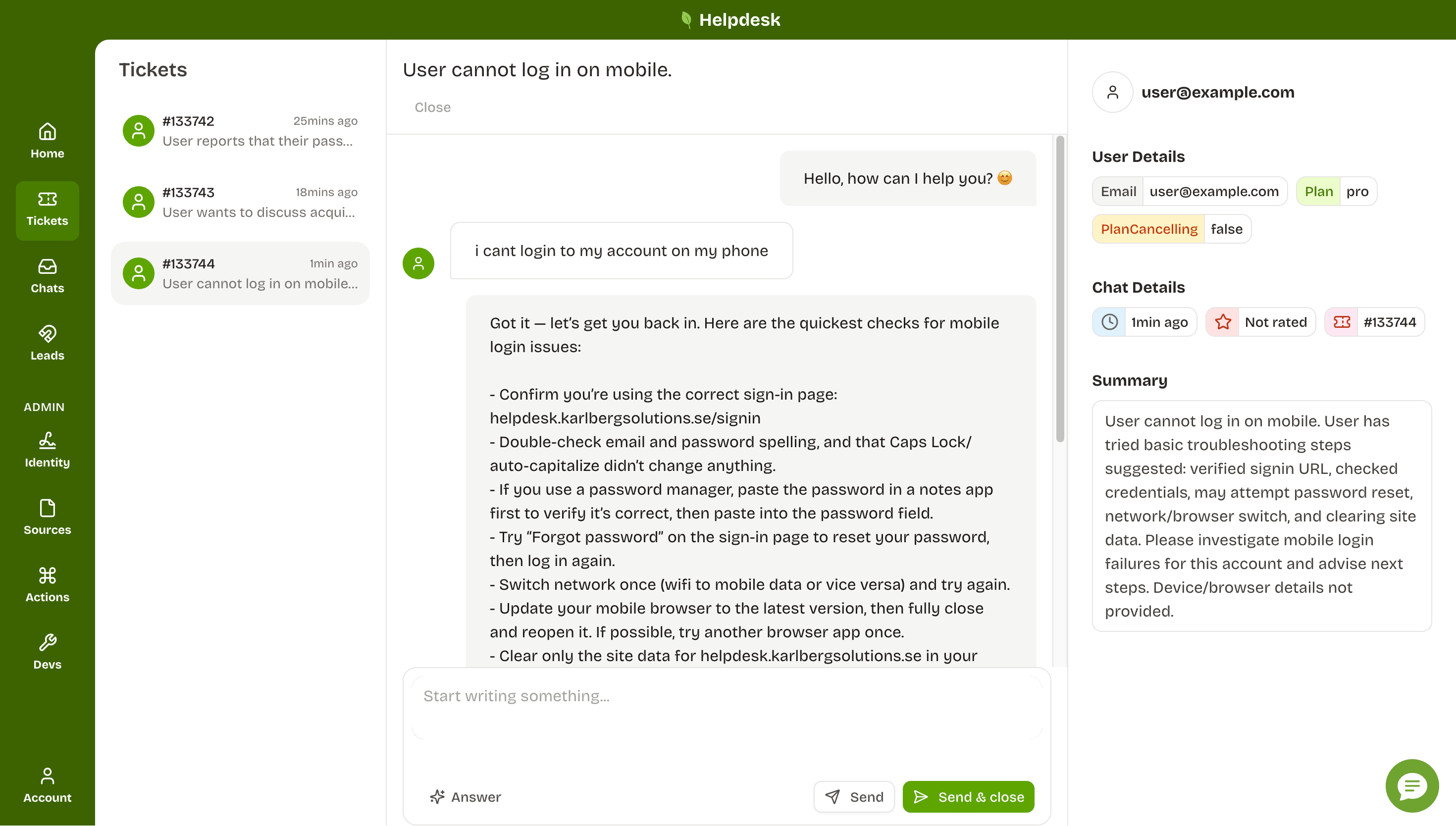 Megadesk analytics dashboard showing response time, average chat rating and Automation %