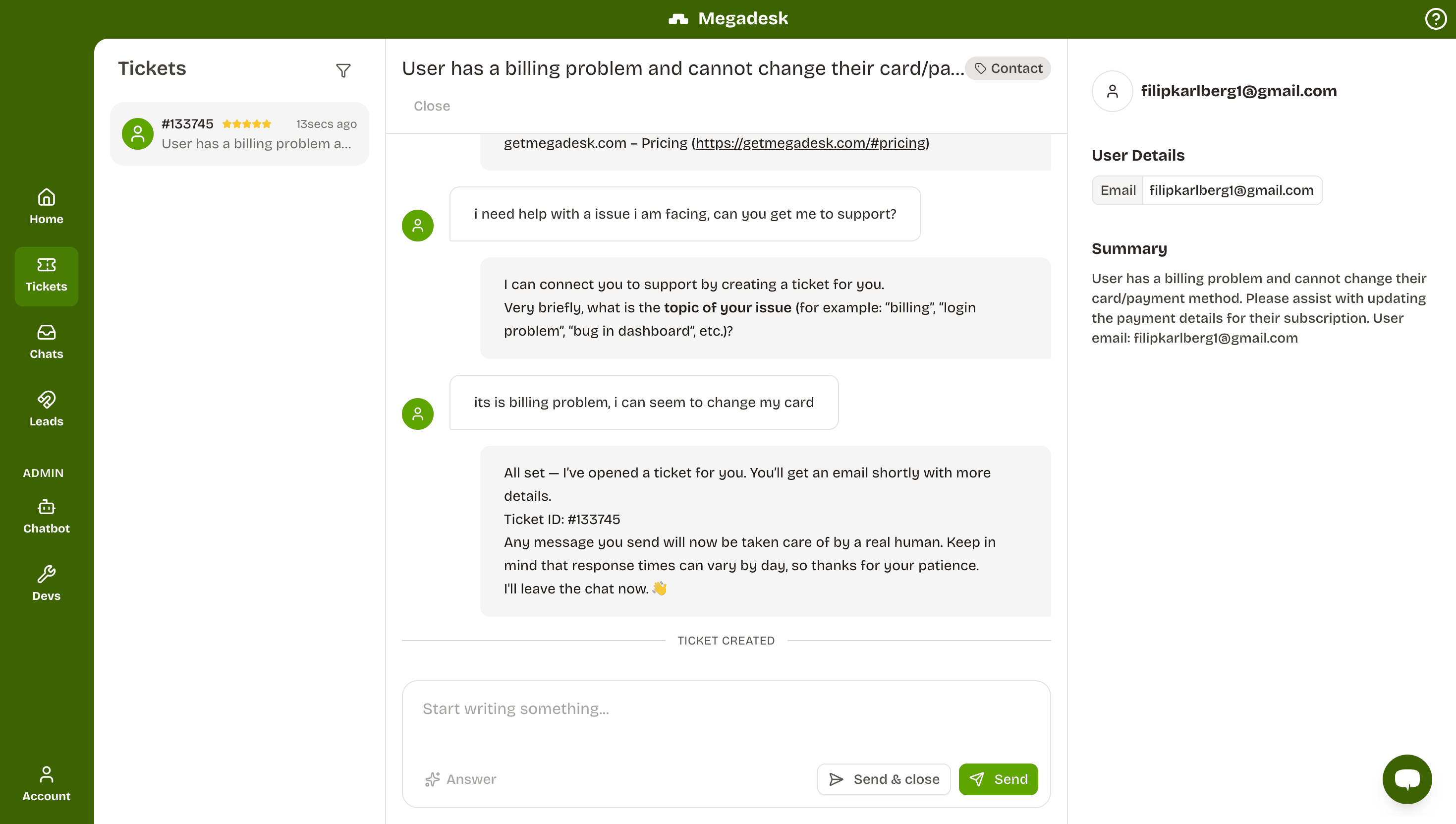 Support ticket in Megadesk with customer plan and Stripe billing context